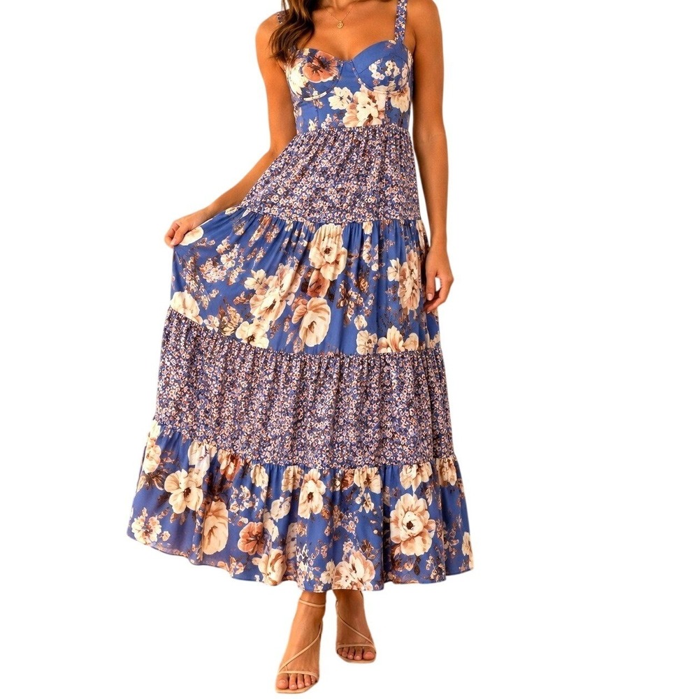 BOG Collective Floral Tiered Maxi Dress S Bustier Smocked Cottagecore Boho